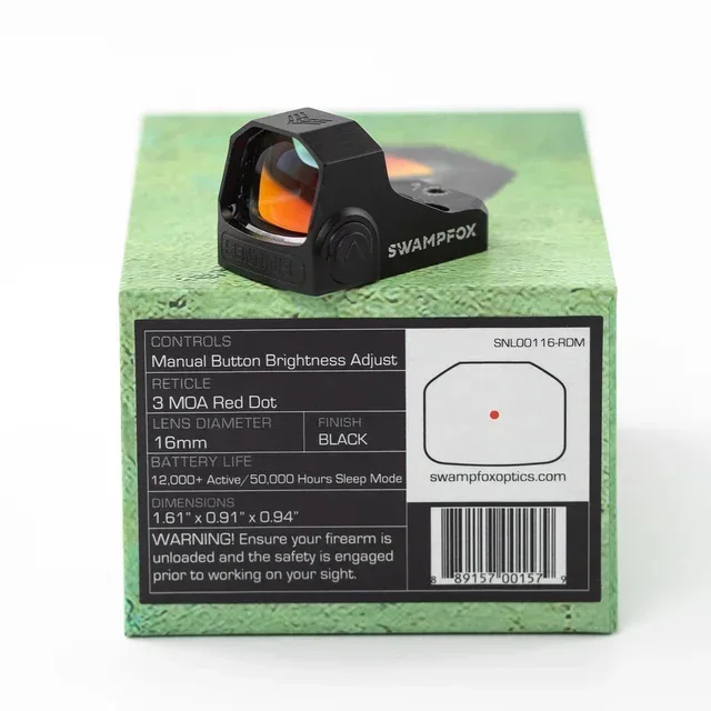 

Swampfox Sentinel Reflex red dot sight (RMsc Pistol Cut) Shake n Wake 3 MOA dot 1x16 Compact Auto brightness green dot