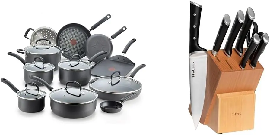 25 Piece Set Ultimate Hard Anodized Nonstick Cookware Set With Ice Force Stainless Steel Kitchen Knife Set And Wood Block