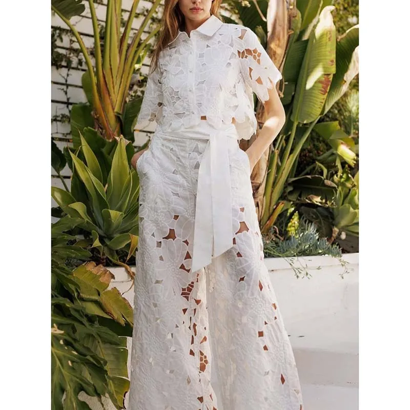Women Set Short Sleeved Blouse Tops + Tie-up Pants Two Peics set Lace Outfit Embroidery 2026 New Retro Hollow Temperament Suit