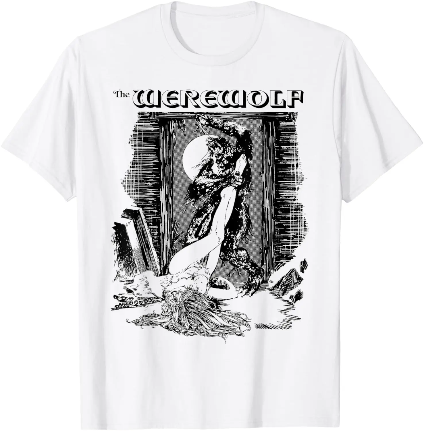 Camiseta meio lobo meio homem vintage horror lua cheia lobisomem monstro