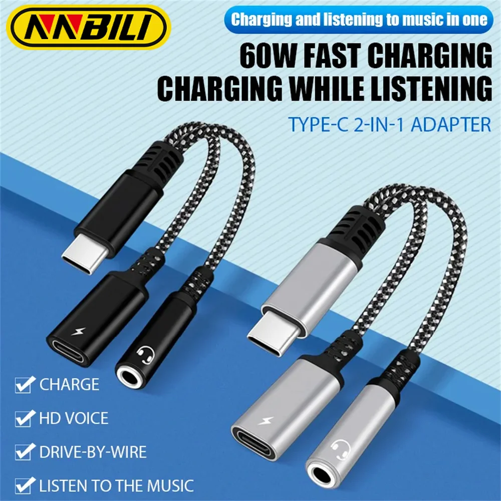 NNbili-Tipo C para 3.5mm Headphone Jack Adapter, Audio Charge, Aux Adapter para iPad Pro, Samsung S24, Xiaomi, Huawei, PD 60W, 2in 1