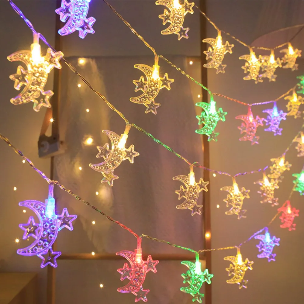 1 unidad 1.5M10LED/3M20LED Ramadán tres estrellas y cadena de luces de luna, alimentada por pilas AA (excl), utilizada para la decoración del Ramadán de la habitación