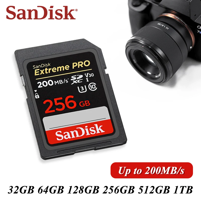 SD-карта SanDisk Extreme PRO 32 ГБ SDHC UHS-I 64 ГБ Флэш-карта 128 ГБ Карта памяти 256 ГБ 512 ГБ SD-карта Макс. 200 МБ/с для видео 4K UHD