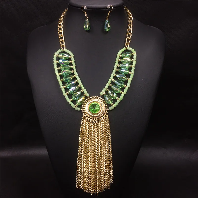 

2024 New Drop Crystal long aluminum chain fringe women's necklace earrings set accessories