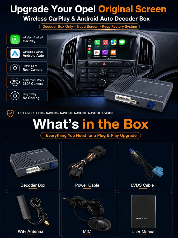 Bezprzewodowy moduł modernizacyjny AUTOTOP CarPlay Android Auto do samochodów Opel Vauxhall Astra Insignia Corsa Mokka Zafira CD500 CD600 NAVI600 NAVI900 NAVI950 DVD800 z ekranem OEM bez funkcji — 2