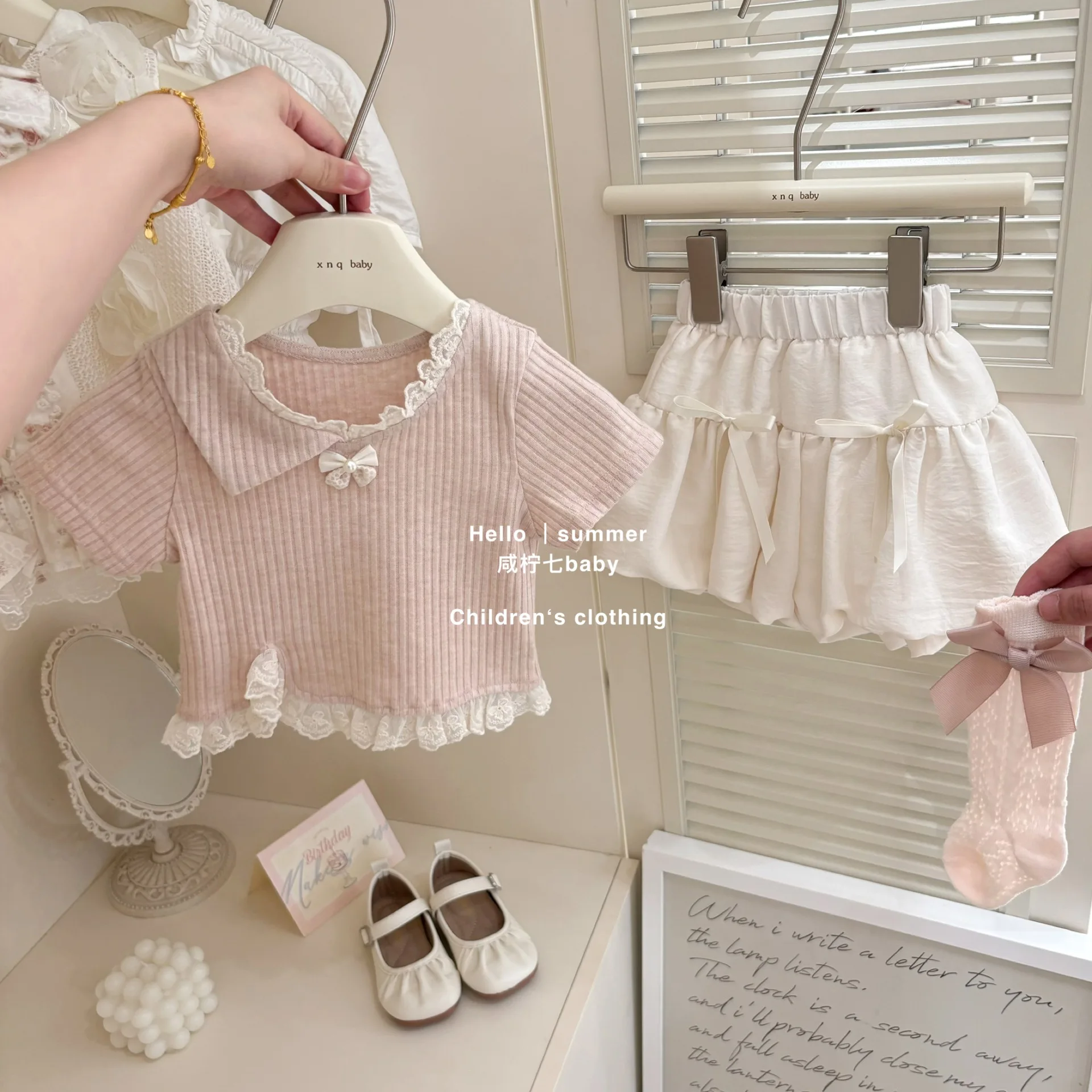 

Girls' Suit Summer Baby Girl Sweet Pink Short-sleeved T-shirt Bud Pants Two-piece Set Fashion Casual