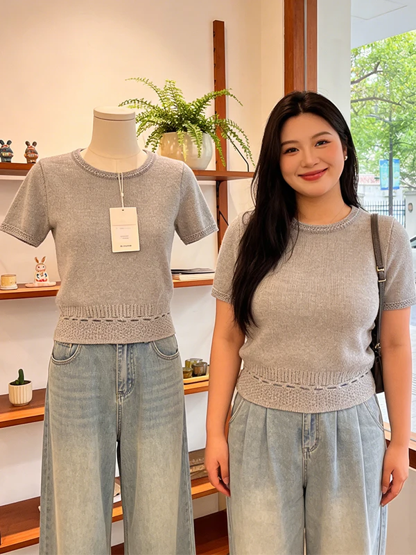

Large Size Grey Thin Knitted T-Shirt Women Summer New Style 2026 Breathable round Neck Loose Hollow out Elegant Top