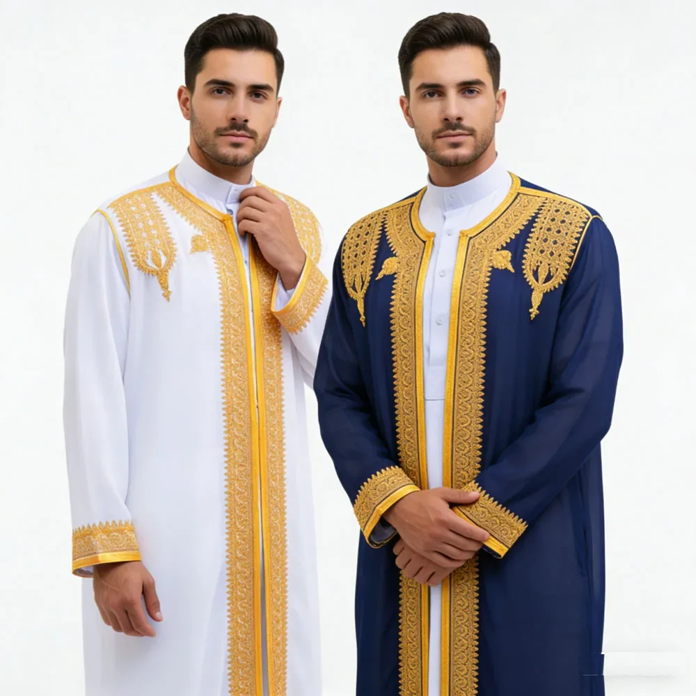 

Dubai Embroidered Arabic Men's Thobe Robe Middle Eastern Ethnic Jubba Thoub Dishdasha Eid Djellaba Kimono Saudi Abaya Islamic