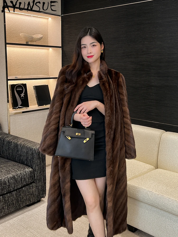 AYUNSUE 2025 Mantel Bulu Mink Alami Wanita Mantel Mink Utuh Mewah Berkualitas Tinggi untuk Pakaian Wanita Kerah Berdiri Abrigo Mujer