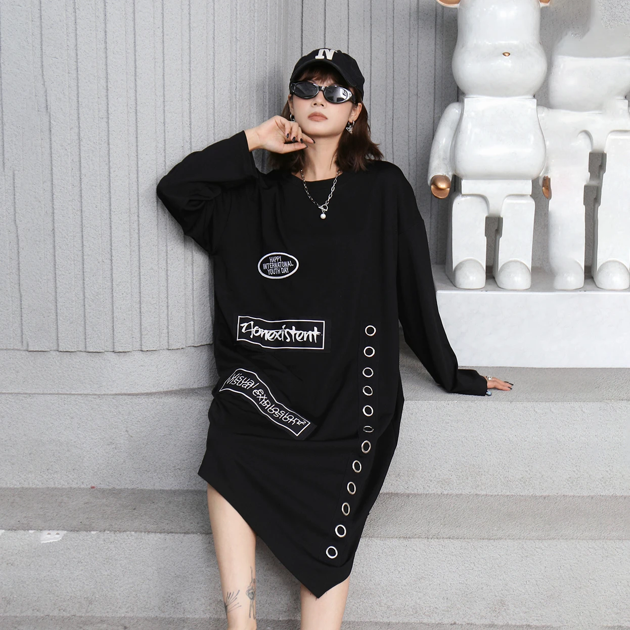 240926 Harajuku Style Irregular Dress Women Korea 2024 Autumn New Personality Fashion Loose O-neck Full Sleeve Knee-length Dress