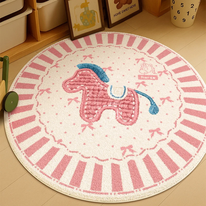 Kawaii Pink Pony Print Round Rug Soft Non-Slip Carpet with Blue Check Border Cute Kids Bedroom Floor Mat Children's Room Decor