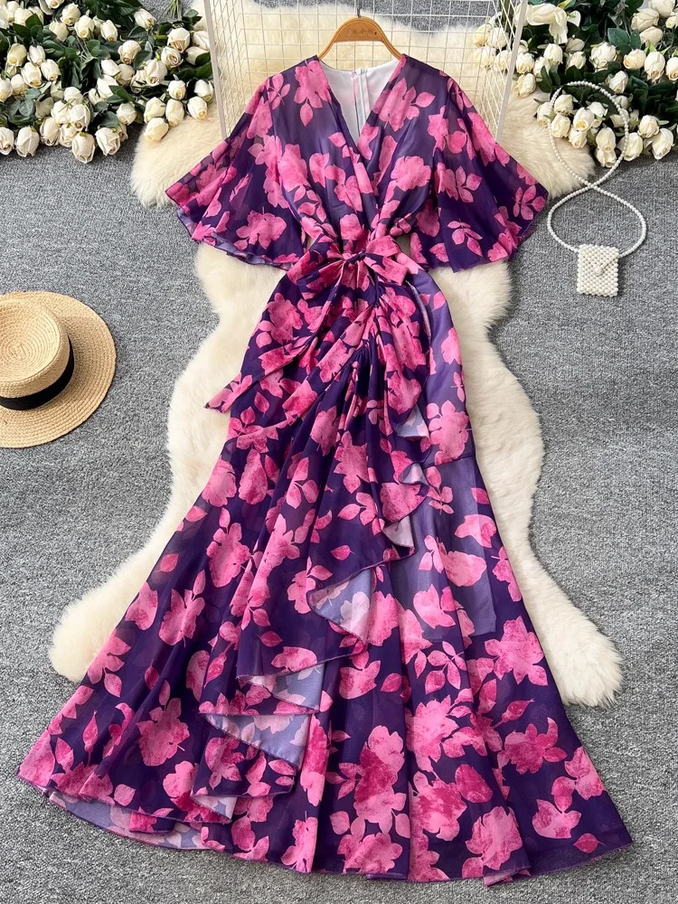 فستان ماكسي نسائي مطبوع عليه زهور على شكل حرف v ملفوف من الأمام وأكمام طويلة فستان شاطئ صيفي بوهو أنيق للحفلات رداء 2026 جديد #2