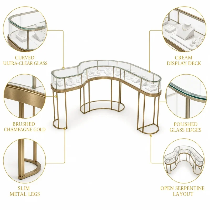 custom.Custom Glass Jewelry Display Table LED Lighting Gold Frame Jewelry Store Fixture Octagonal Showcase Boutique Mall Sho