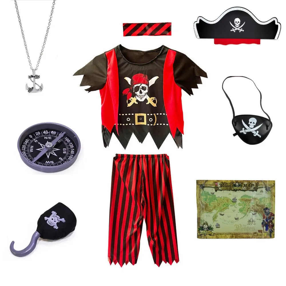 Medieval Caribbean Pirate Cosplay Costume Retro Disguise Dress Full Set Kids Halloween Carnival Clothes Accessories Role Play