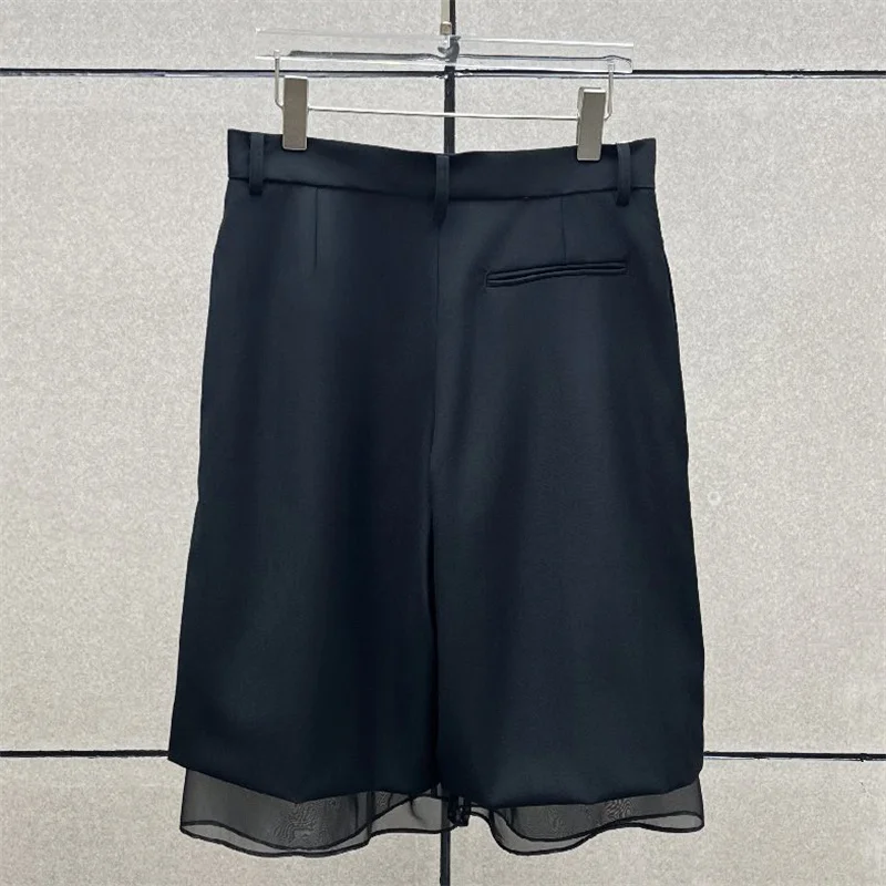 women's shorts New winter 2026 high waisted slim fit straight leg pants Mesh patchwork knee length shorts casual black shorts