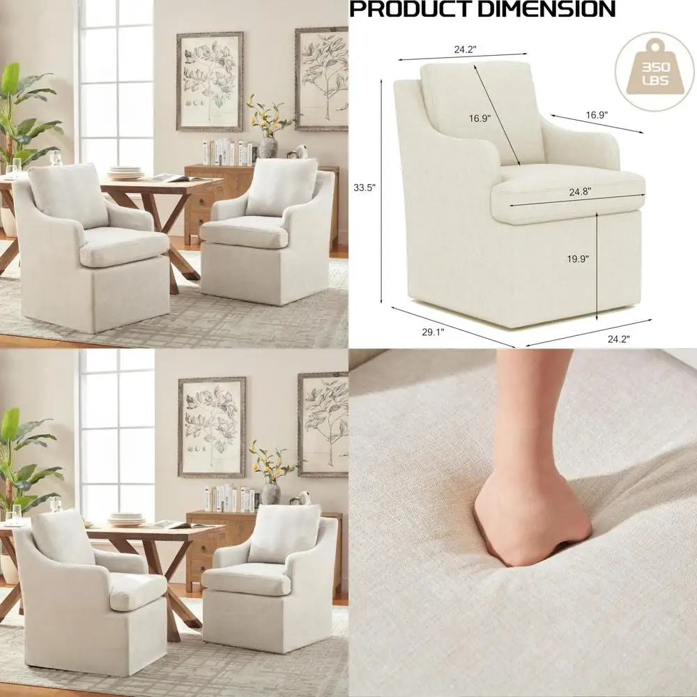 

Set of 2 Upholstered Dining Chairs with Casters, Linen Fabric, Suitable for Kitchen, Dining, Living Room, Beige