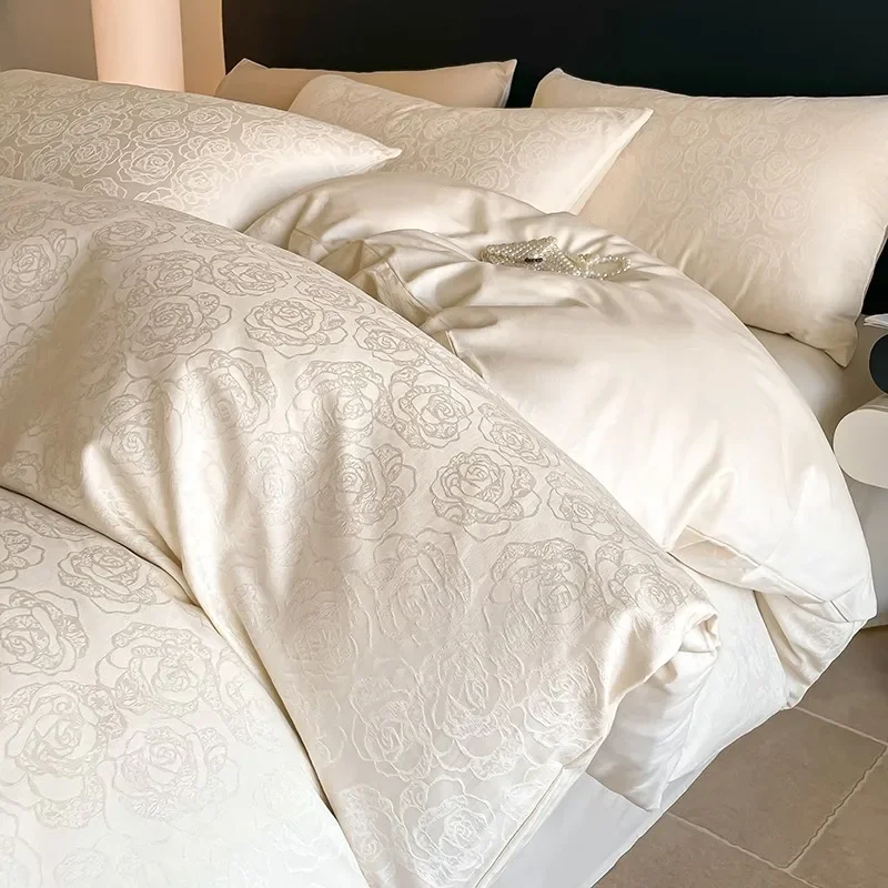 

Light Luxury Satin Jacquard Solid Fitted Sheet Sets Pure Cotton Skin-Friendly Soft Quilt Cover 1.5/1.8M Bed Bedding for Adults
