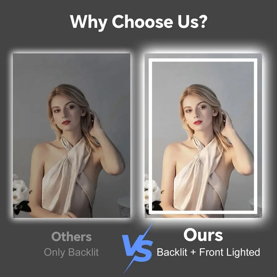 مرآة حمام 24 × 32 بوصة مرآة حمام مضادة للضباب مع أضواء، مرايا زينة مضاءة مثبتة على الحائط، قابلة للتعتيم، مضاءة أمامية بإضاءة خلفية #5