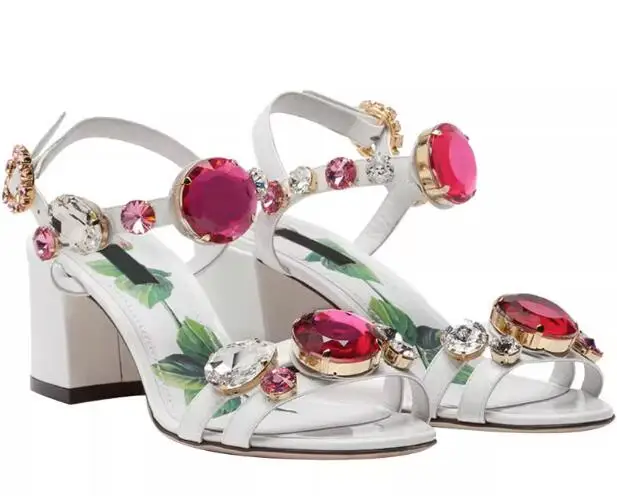 

White Genuine Leather Hot Pink Diamond Gemstone Summer Sandals Women Peep Toe 6 10 CM Square Heel Party Bride Wedding Shoes