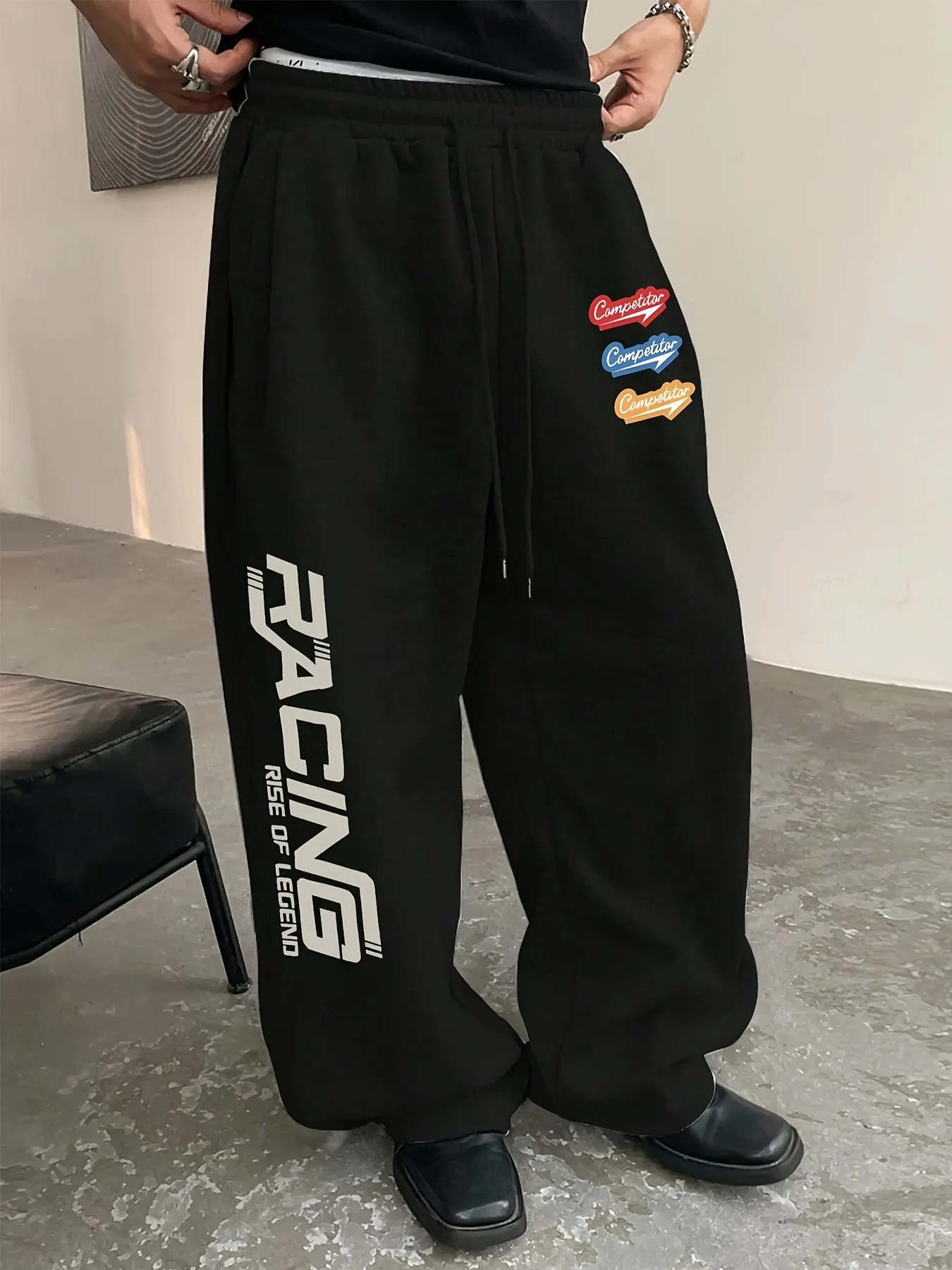 Men's Casual Sports Pants, Letter Competition Pattern Printed Sweatpants, Drawstring Wide Leg Casual Pants, Men's Pants