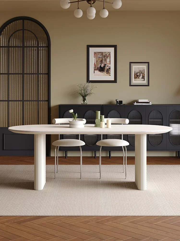 Modern Minimalist Elliptical Rock Plate Dining Table, Small Household Combination, White Solid Wood Dining Table