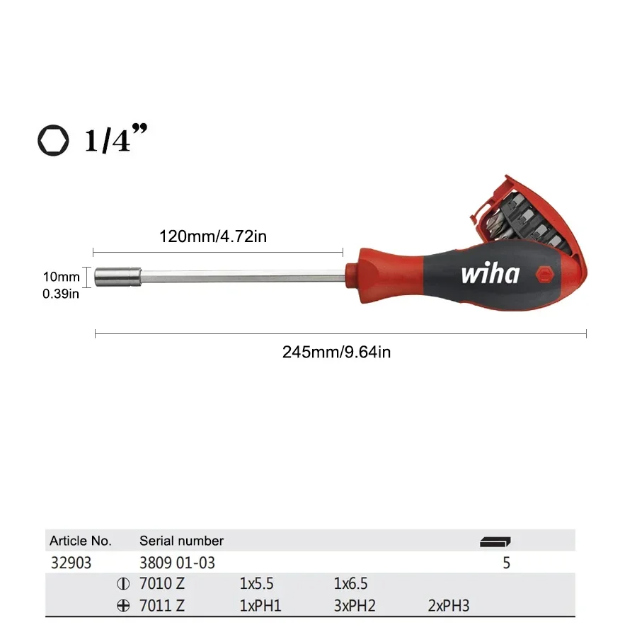 WIHA Pop Up ไขควงชุด 8 Bits SL/PH/PZ/TORX ไขควงแม่เหล็กนิตยสาร Slim Rod Precision ไขควง 32901 32903