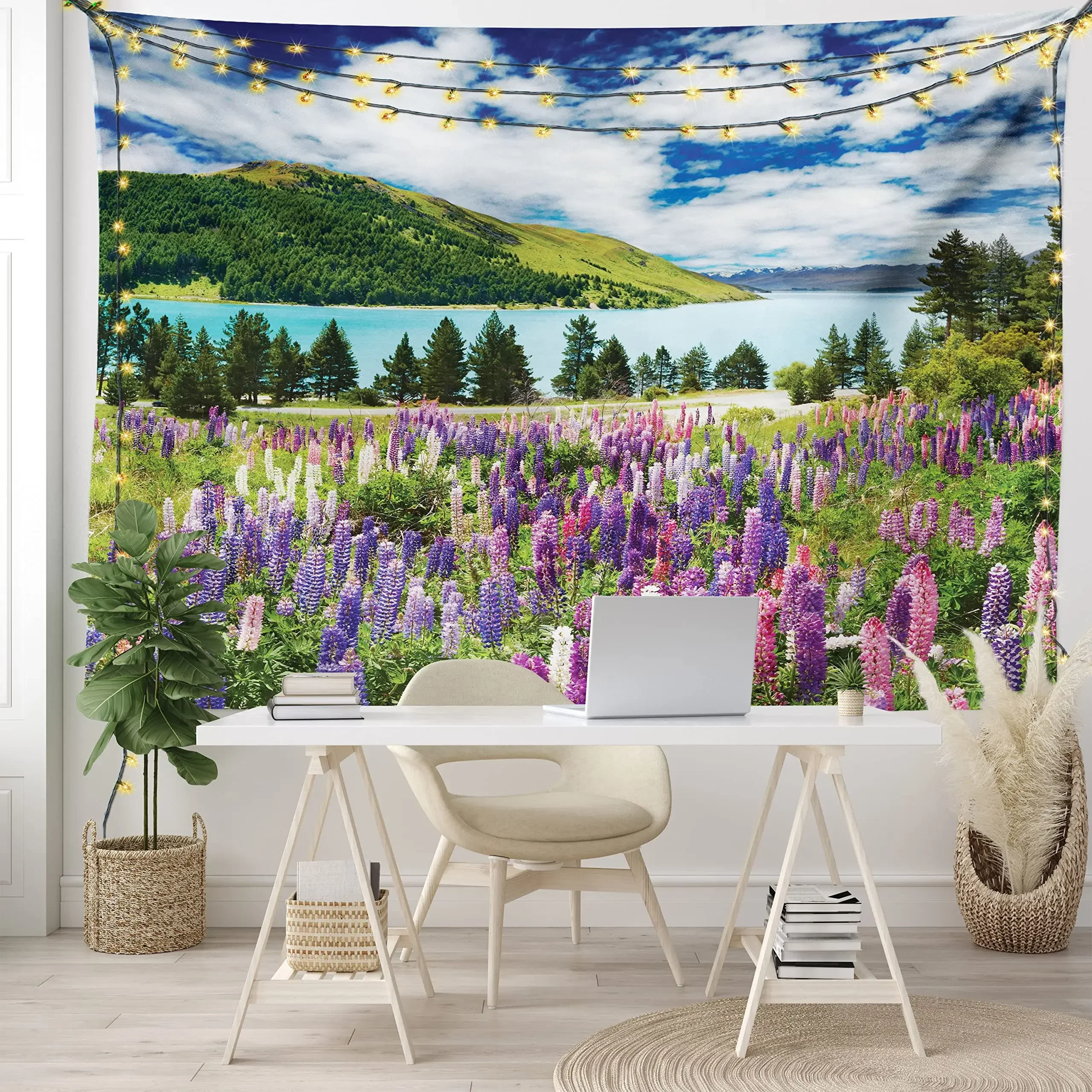 Nature Tapestry,Mountain Lake and Colorful Flowers Blossom Pine Trees Lakeside View,Wall Hanging for Bedroom Living Room Dorm