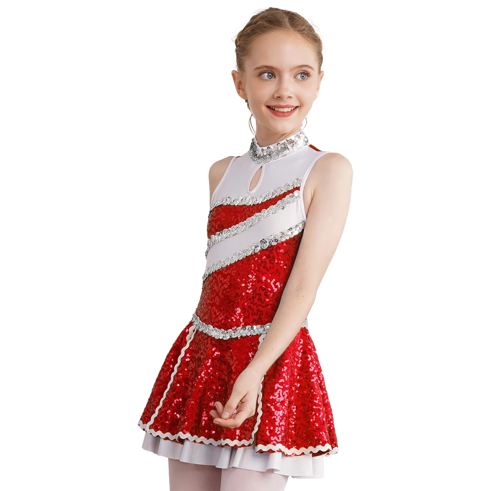 Vestido de baile de uniforme de porristas para niñas, vestido de baile sin mangas, lentejuelas brillantes decoradas, estilo Patchwork, cremallera