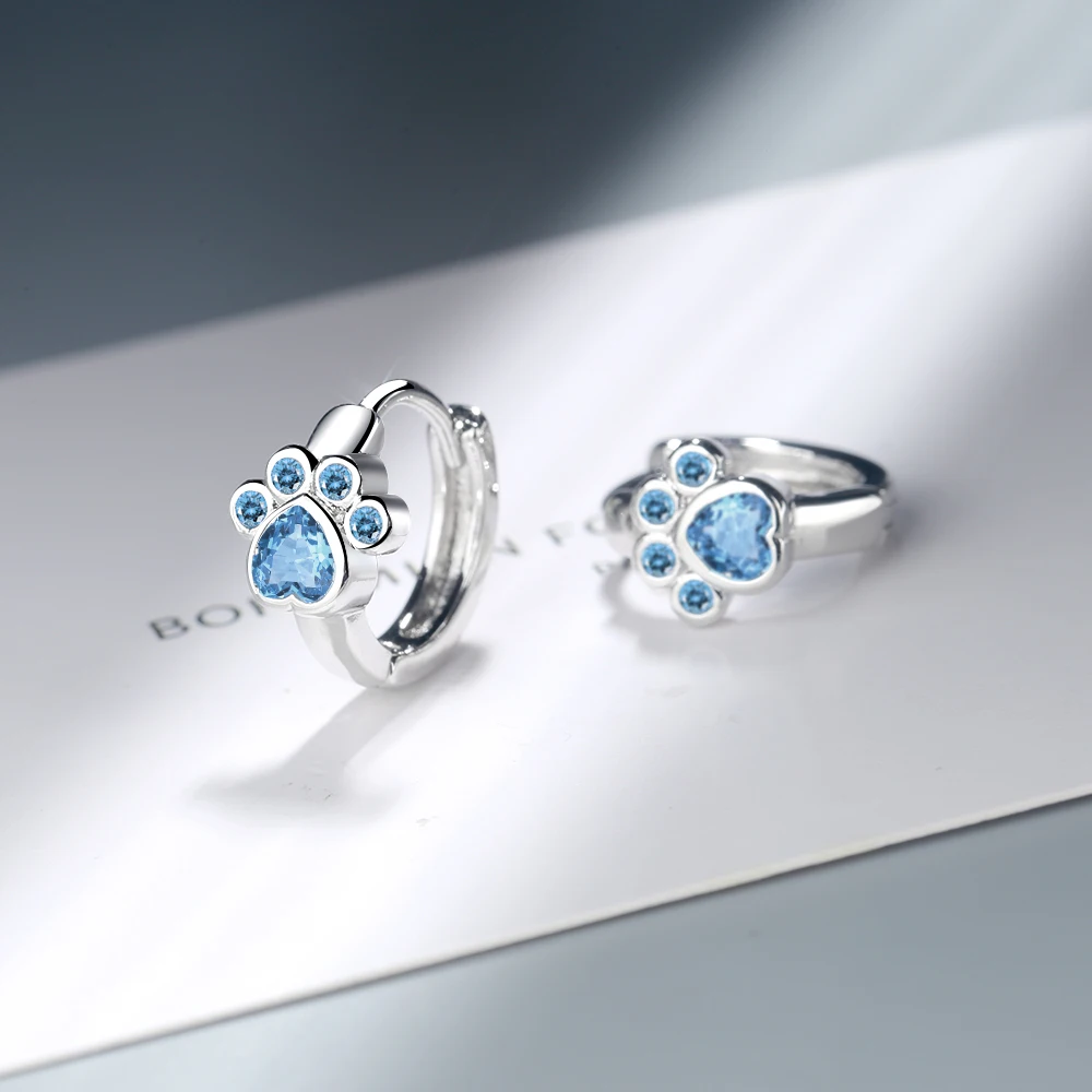 Simple Cute 925 SIlver Needle Animal Cat Paw Mark Blue Mosaic Zircon Crystal Earrings For Women Promise Wedding Band Jewelry