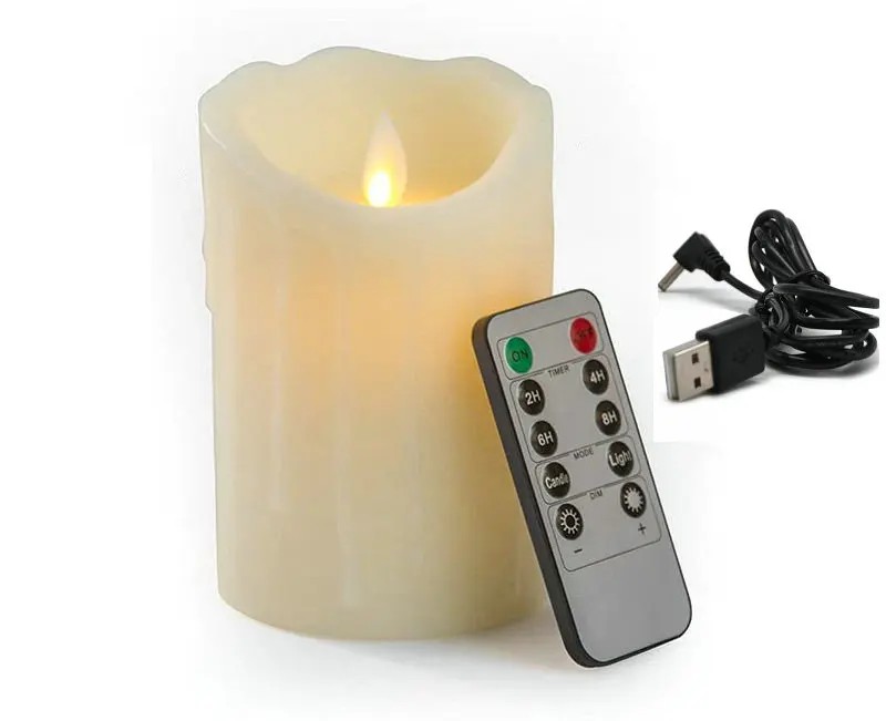 USB Rechargeable Flameless Electric Candle Light Dipped Paraffin Wax Dancing Moving wick Home Party Pillar Candles w/Remote