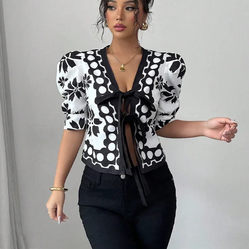 

summer Fashion print Hollow Out Shirt Women sexy V Neck lantern Sleeved Lace Up Tops Chic Female Casual Waist Blouse Streetwear