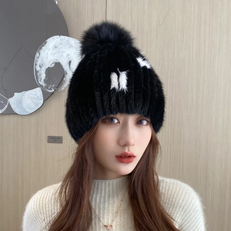 

Mink Fur Hat Women Winter Real Fur Hats Ladies Natural Fur Hat With Fox Fur Pompoms Ears Protective Cap Female Furry Fur Cap