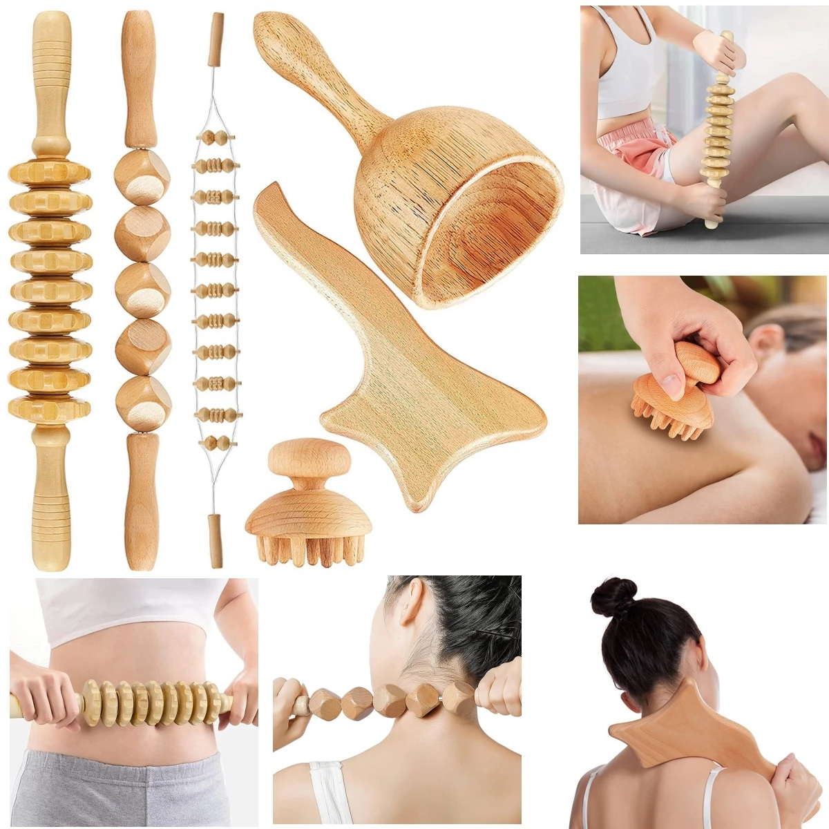 

6 pcs Wood Massage Sets Roller for Stomach Cellulite Wooden Therapy Massage Tools for Body Shaping Stick for Muscle Knots