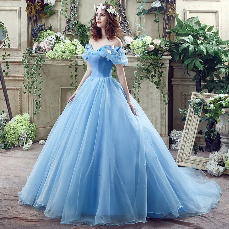 New Vestidos Blue Quinceanera Dress With Trian Elegant Off Shoulder Ball Gown Party Dress Plus Size Prom Gown Sweet butterfly