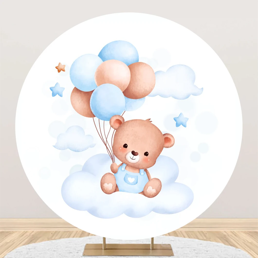 Teddy Bear Birthday Party Round Backdrops For Photography Cloud Star Balloon Baby Shower Customized Photo Circle Backgrounds