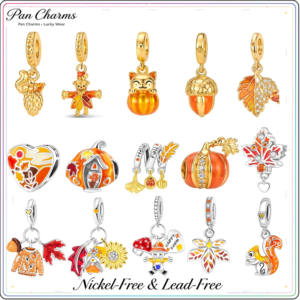 Pan Charms Fall Harvest Scarecrow Maple Leaf Pumpkin Squirrel Fit Original Bracelet Jewelry DIY Season Gift for Her Thanksgiving