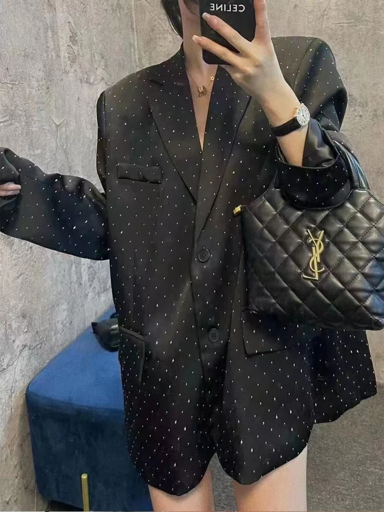 Chic Rhinestone blazer Oversize Women\'s Single breasted Jacket Black Korean Office lady coat Spring Summer Outerwear INKEO 3O059