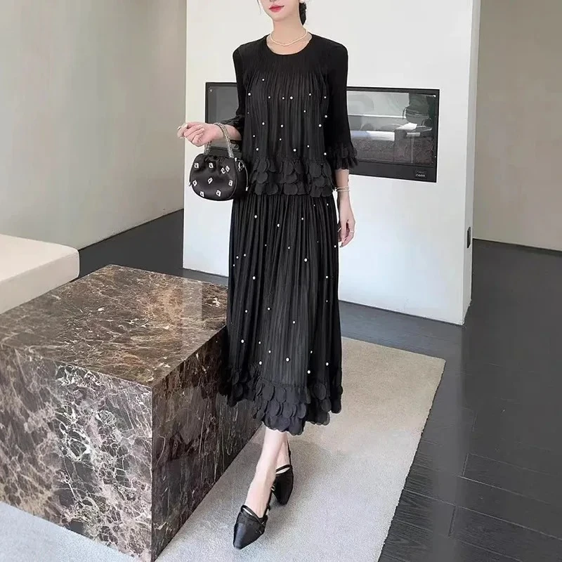 

Miyake 2025 Summer New Fashion Pleated Two-piece Set Solid Colour Embroidery Flared Trousers Loose Top Elastic Waist Skirt