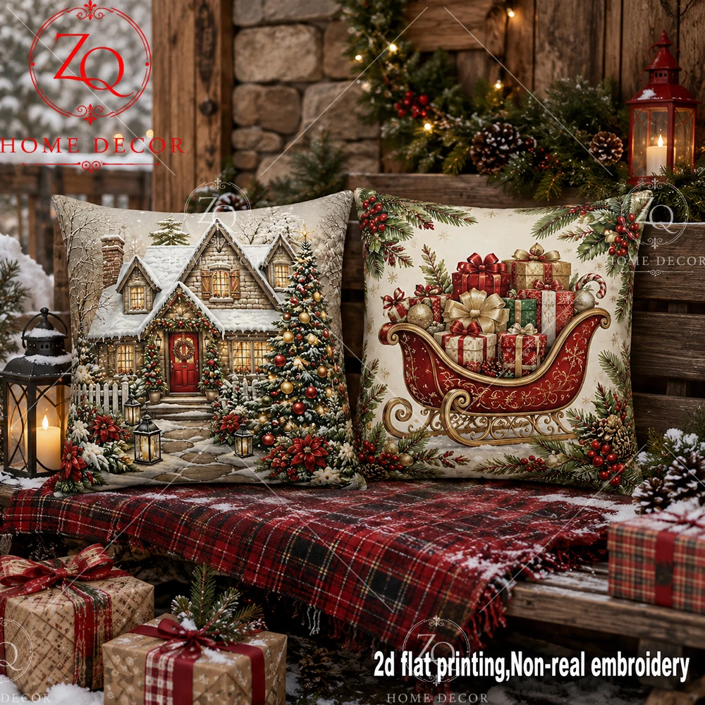 Christmas Pillow Covers  Xmas Vintage Snowy Cottage Santa Sleigh Decorative Throw Pillow Cases For Sofa Bedroom