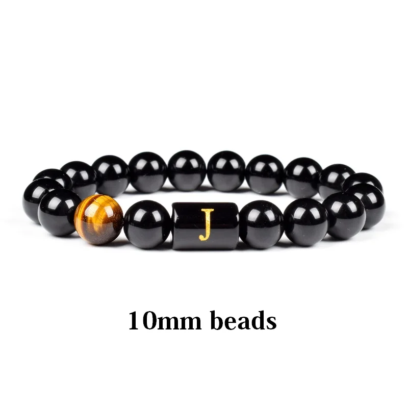 Initials Bracelets for Men Letter Link Handmade Natural Black Onyx Tiger Eye Stone Beads Bracelet Polished Black Agate Bangles