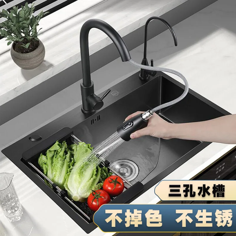 

Black stainless steel sink home kitchen large single dishbasin three-hole