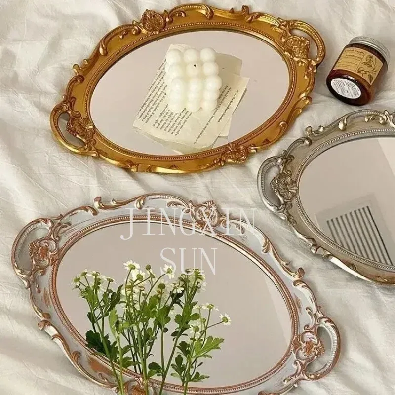 French Vintage Distressed Mirror Tray Dessert Display Entryway Organizer for Jewelry Cosmetics Keys Shabby Chic Tabletop Decor