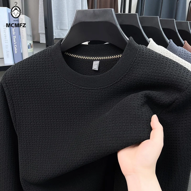 Mens Waffle Weave Crew Neck Pullover Long Sleeve Textured Knit Sweatshirt Soft Fabric For Autumn Daily Casual Use