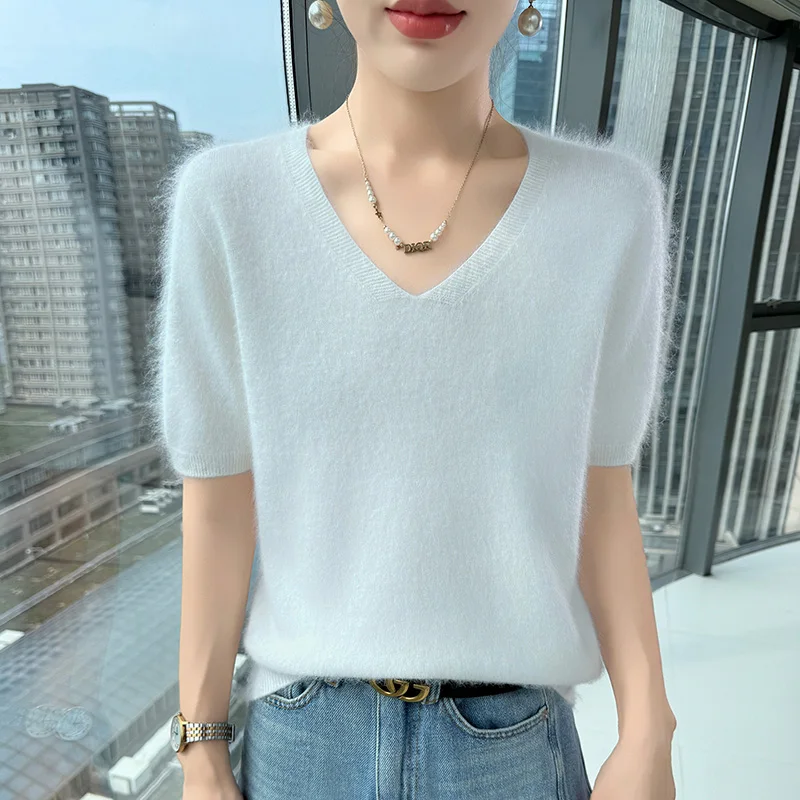 

Новый женский пуловер с v-образным вырезом, футболка, облегающий вязаный женский свитер с короткими рукавами из 100% норки и кашемира, несколько цветов