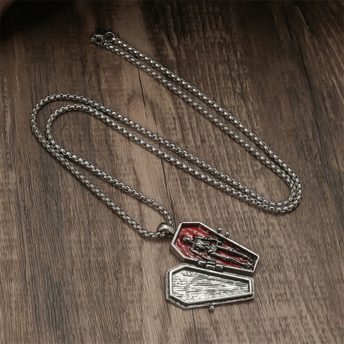 Halloween Halskette Vintage zu öffnender Sarg Skelett Schädel Anhänger Edelstahl Kette Halsband für Frauen Männer Gothic Schmuck Geschenk