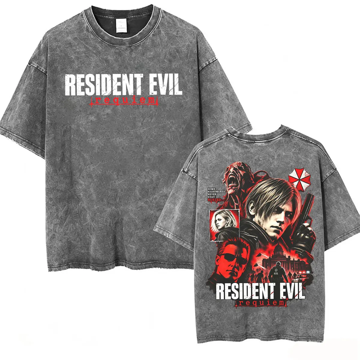 Vintage Washed Resident Evil Requiem T Shirt Leon Kennedy Graphic T-shirts Men Women Fashion Classic Casual Short Sleeve T-shirt