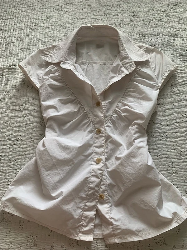 

Original Retro Design Slim Fit irt f Sp Girl Korean Sle Cotton Blend ort Sve Collar Pure Color Summer irt