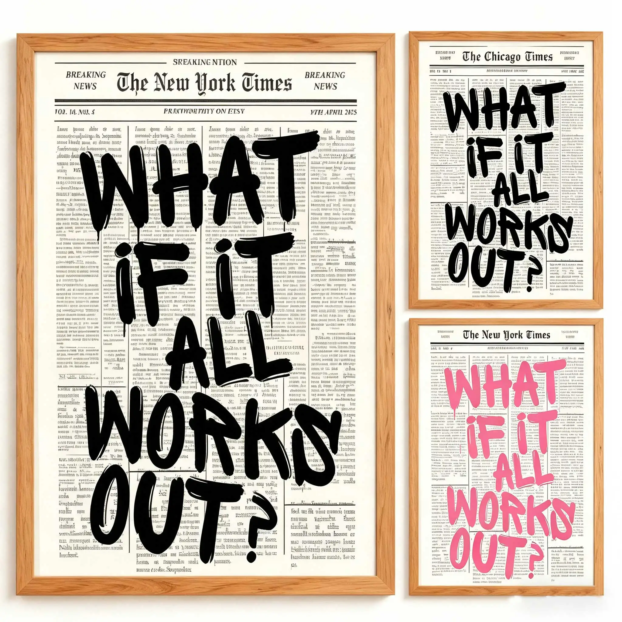 Newspaper Poster - What If It All Works Out - Positive Quote Canvas Wall Art, Affirming Minimalist Prints, Neutral Dorm Room Bed