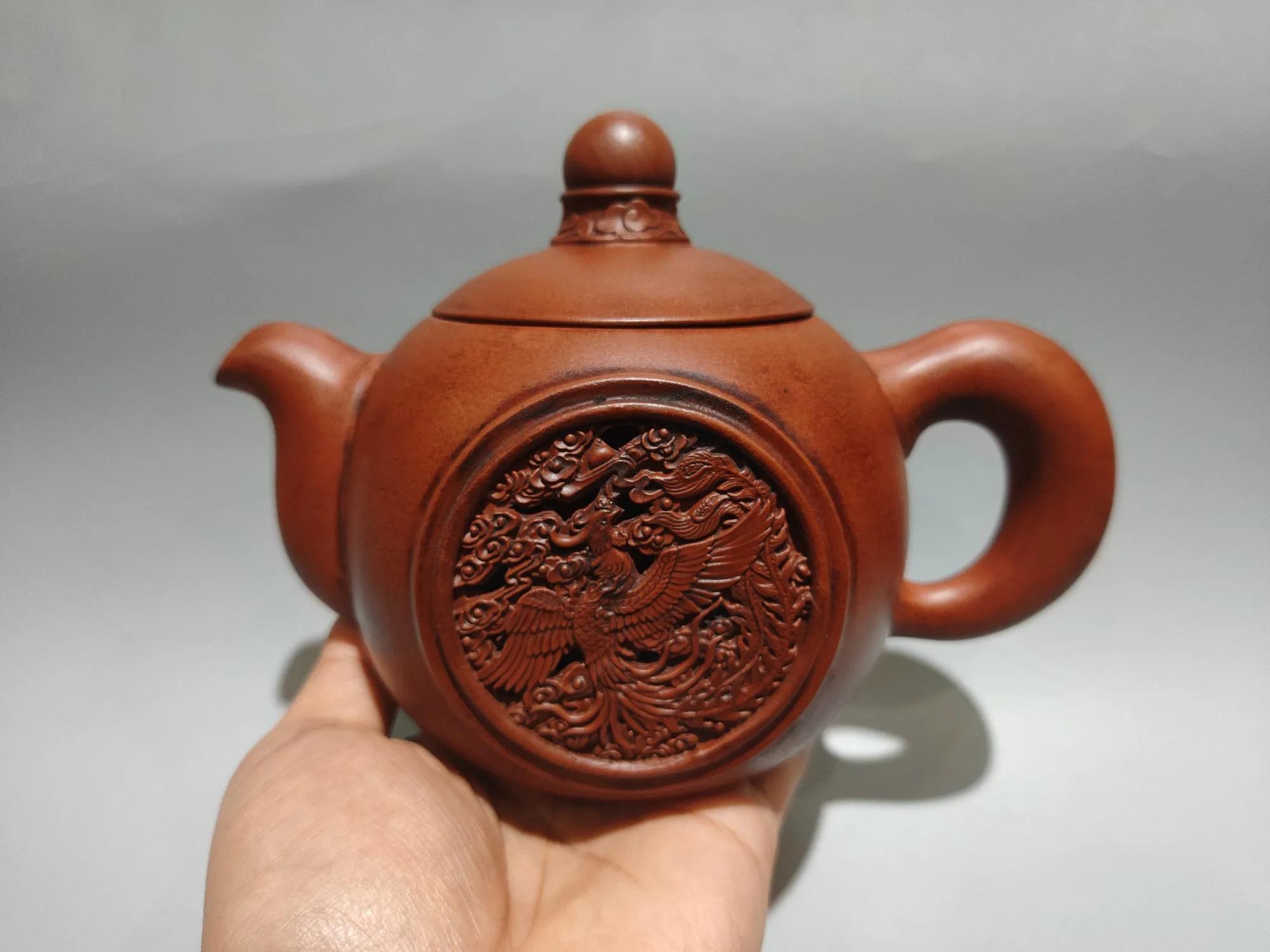 Yixing Purple Clay Teapot Red mud Hollowed-out Dragon Phoenix Chengxiang Pot Four sided potKettle Houti Liang Teapot Ornaments