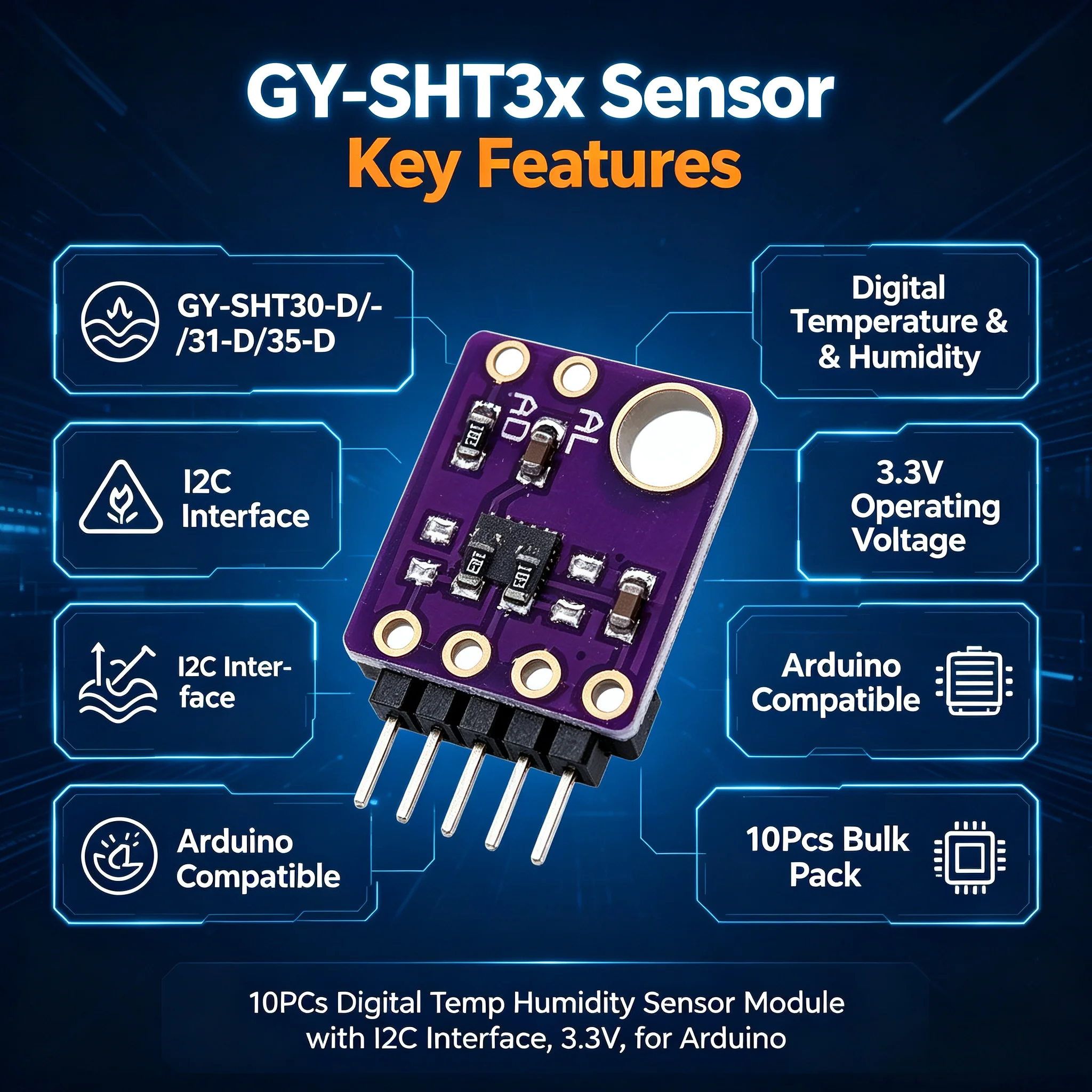 10Pcs GY-SHT30-D/31-D/35-D Digital Temp Humidity Sensor I2C 3.3V for Arduino
